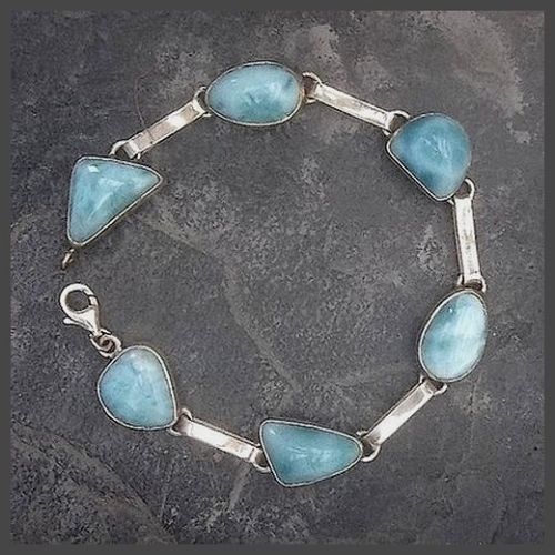 6 Stone Sterling Silver thin link Larimar Bracelet 